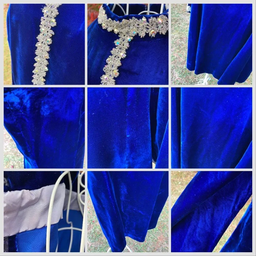 vintage 70s dress 1970s long sleeve velvet deep blue rhinestone glitter | S-M | - Picture 2 of 9